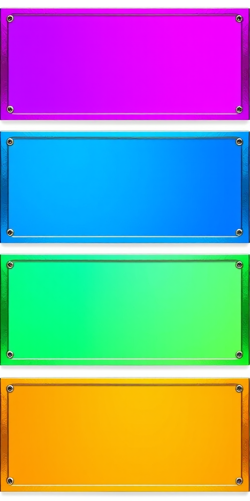 Create a high-resolution image displaying a gradient of colored rectangles with metallic borders on a clean white background, using a DSLR camera with a 50mm lens, aperture set to f/2.8, ISO 100, and a focus distance of 1 meter for enhanced image clarity.