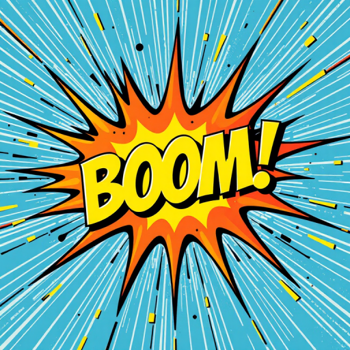 create a vibrant comic-style explosion with the word BOOM! in bold, using a 50mm lens, f/8 aperture, ISO 100, top-down view, digital format, high resolution, bright colors, and sharp edges for clarity
