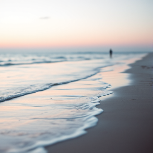 Soft-focus image of a quiet beach at twilight, with gentle waves lapping at the shore, soft pastel colors in the sky, and a single silhouette walking along the water’s edge.
