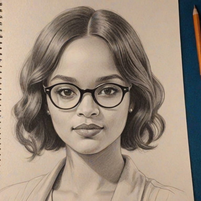 Sublime Kyla Pratt, pencil sketch, portrait of Sublime woman 1923s in glasses, hair style beatnik, outline, clear lines, fine lines, 8k