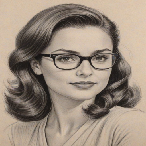 Elegant Freddie Prinze Jr., pencil sketch, portrait of Delightful woman 1945s in glasses, hair style beatnik, outline, clear lines, fine lines, 8k