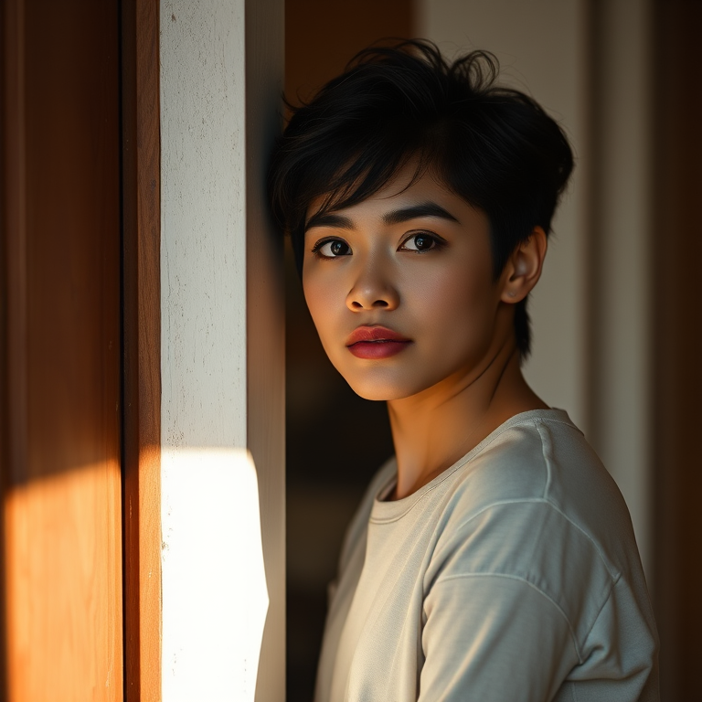 Create a portrait of a person leaning against a door frame with soft natural lighting, using a Canon EOS R5, 50mm lens, f/1.8 aperture, ISO 200, 1/125 sec shutter speed, with a shallow depth of field and warm color grading to enhance mood.