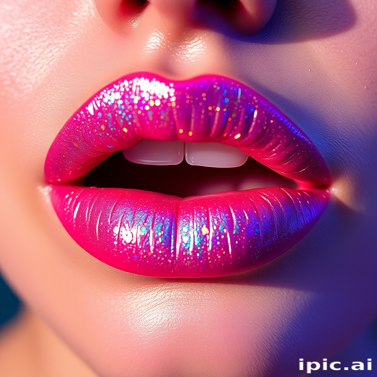Iridescent holographic lip topper "Prismatic Dreams" creating a multidimensional effect, shifting colors in different lighting, and adding sparkle to any lip color