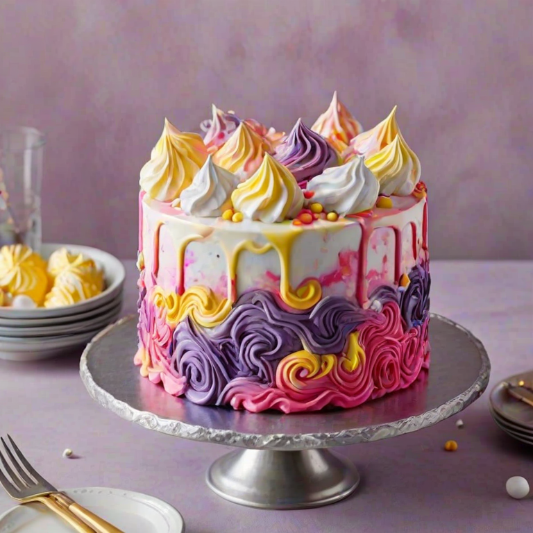 Create an image of a multi-layered cake with a smooth, watercolor-style icing in vibrant shades of pink, purple, and yellow. The top of the cake is decorated with swirled meringue peaks in similar colors. Add edible purple decorations, such as pearls and sprinkles, around the base of the cake on a silver cake stand.