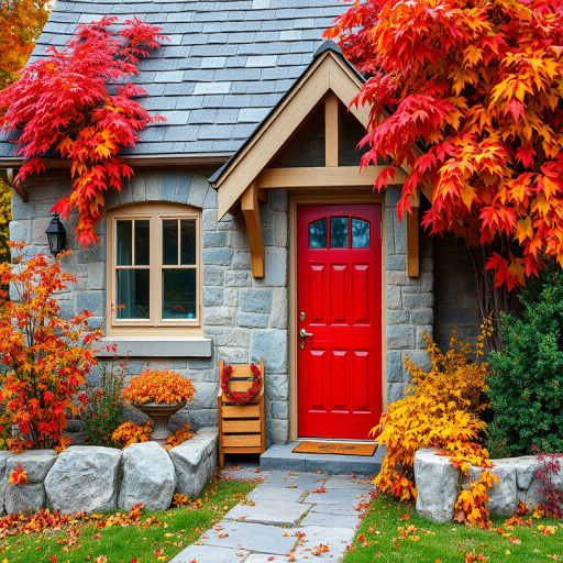 Regenerate an image of a cozy stone cottage with vibrant autumn foliage around the entrance, featuring a bright red door surrounded by colorful leaves, captured in high resolution using a DSLR camera with a 50mm lens at f/2.8, with a shallow depth of field and a soft focus background, in natural daylight.