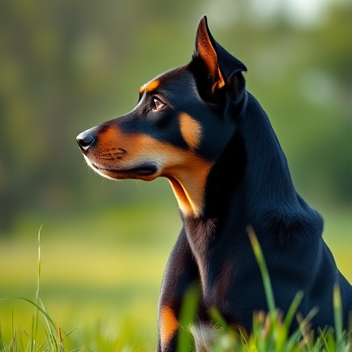 A close-up shot of a black and tan dog in profile, sitting in a grassy field with soft focus background, natural daylight, aperture f/2.8, shutter speed 1/250s, ISO 100, DSLR camera, shallow depth of field.