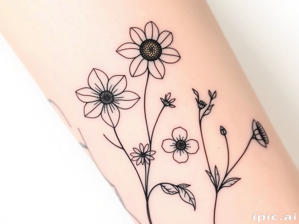 Botanical line art tattoo named "Delicate Flora" showcasing finely detailed flowers leaves and stems rendered in minimalist black lines with occasional pops of color for emphasis creating an elegant and understated design