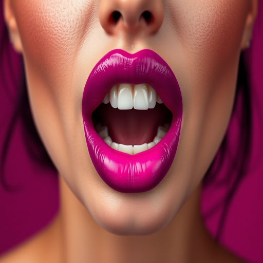 Fierce woman lips showcasing ombre effect from deep purple to bright fuchsia, full face image exuding power and confidence