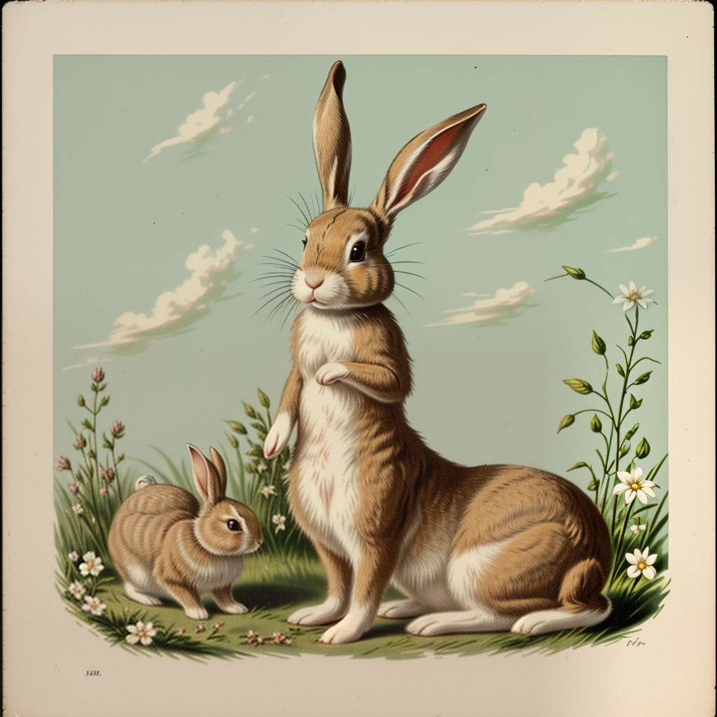 Charming Illustration of Two Rabbits in a Peaceful Meadow Setting