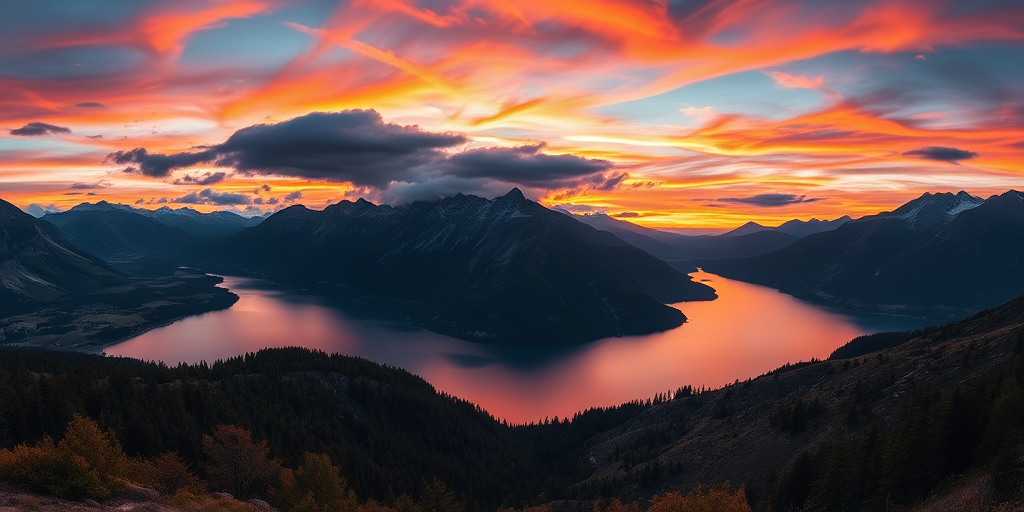 Generate a high-resolution image of a serene landscape featuring a calm lake surrounded by mountains at sunset, with vibrant colors in the sky, captured in a wide-angle view using a DSLR camera, f-stop 8, ISO 100, shutter speed 1/100 sec, and enhanced with HDR imaging for rich detail.