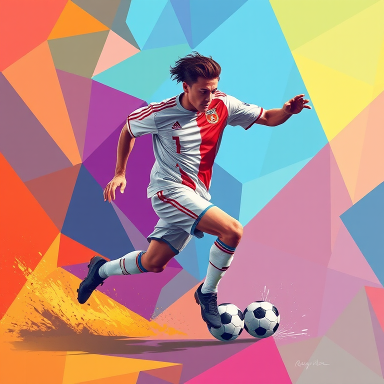 Regenerate an illustration of a dynamic soccer player in an abstract geometric background with vibrant colors, using a DSLR camera with a 50mm lens, f/1.8 aperture, 1/200s shutter speed, maintaining a sharp focus on the player while softly blurring the background.