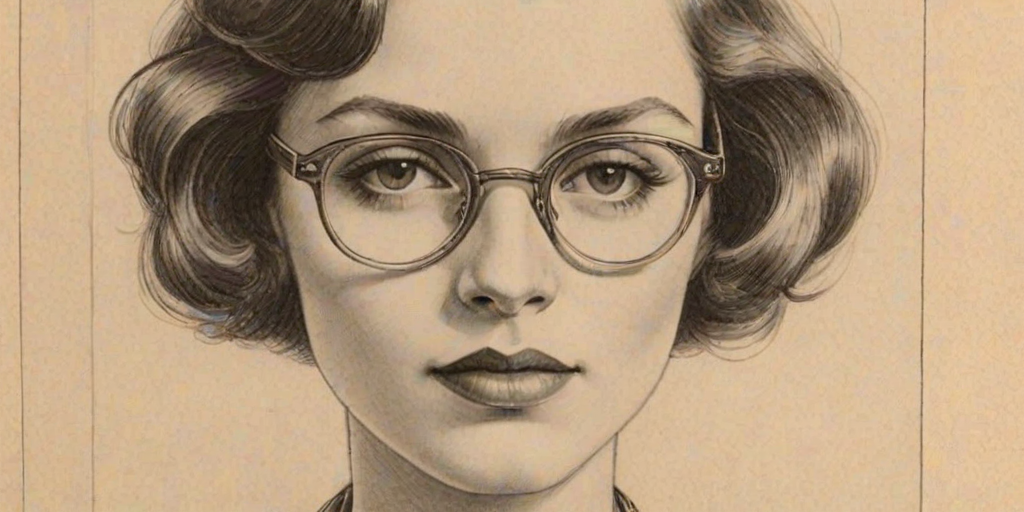 Dazzling Rachel Zegler, pencil sketch, portrait of Resplendent woman 1929s in glasses, hair style beatnik, outline, clear lines, fine lines, 8k