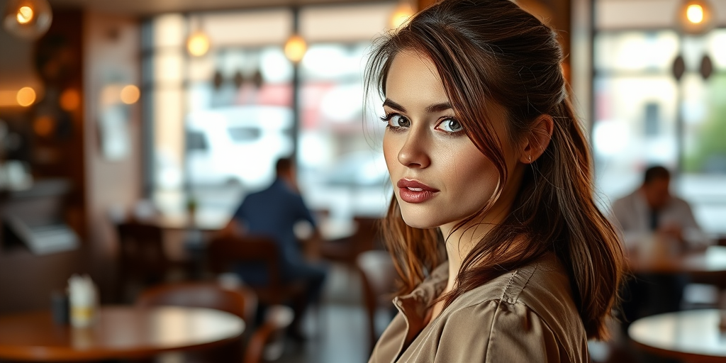 beautiful detailed photograph,  beautiful detailed photograph, shoulder length hair pulled back. strands of hair framing her face, She is wearing a chic blouse, standing in a cafe looking at the viewer.