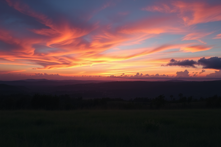 Create a high-resolution image of a serene landscape at sunrise with vibrant colors and soft clouds, using a DSLR camera, 50mm lens, f/1.8 aperture, ISO 100, shutter speed 1/125 sec, shot from a low angle to capture depth and foreground detail.