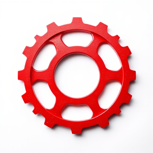Create a high-resolution image of a red gear on a white background, using a 50mm lens, f/2.8 aperture, ISO 100, shot from a straight-on view with studio lighting to enhance contrast and details.