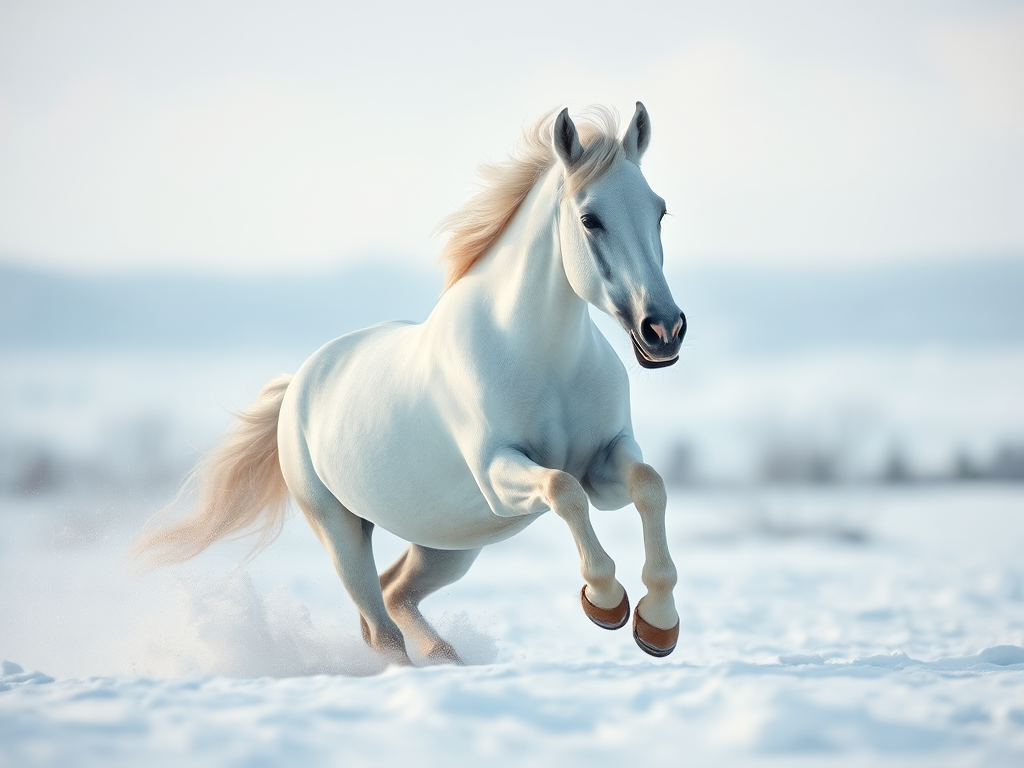 A majestic white horse running through deep snow in a winter landscape, captured with a 50mm lens, f/2.8 aperture, ISO 200, 1/1000s shutter speed, using a full-frame DSLR camera with a shallow depth of field for a soft background blur.