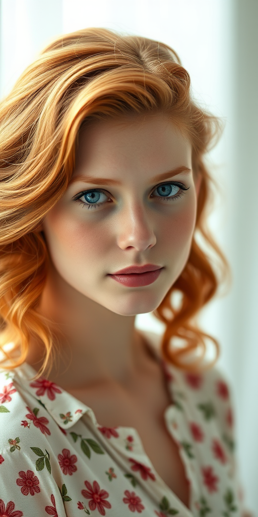 Create a portrait of a young woman with wavy red hair and striking blue eyes, wearing a floral-patterned blouse, set against a softly blurred background, captured with a 50mm lens at f/1.8, ISO 100, 1/200s, in natural light for a warm, ethereal quality.