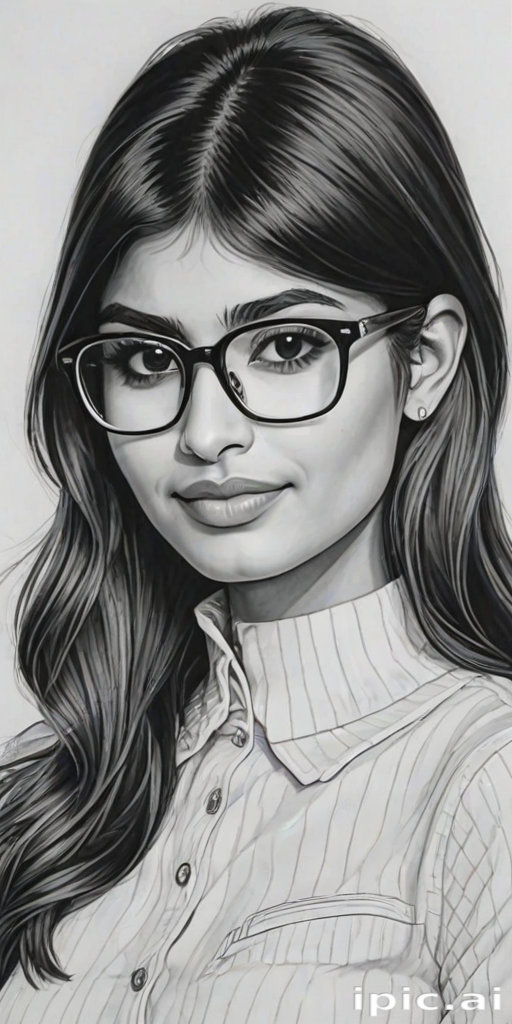 hot mia khalifa, pencil sketch, portrait of beautiful woman 60s in glasses, hair style beatnik, outline, clear lines, fine lines, 8k