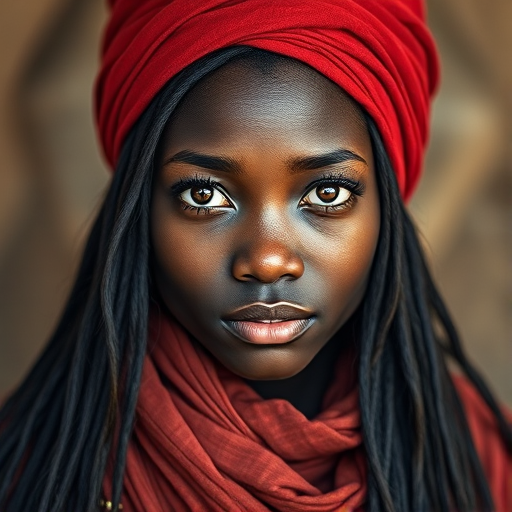 Create a portrait of a young Zulu woman with long, dark hair and captivating hazel eyes. She is wearing a red headscarf and a matching scarf draped gracefully around her neck. The background is softly blurred, focusing attention on her serene and natural expression. The overall color palette is muted and warm, enhancing the intimate and authentic feel of the portrait.