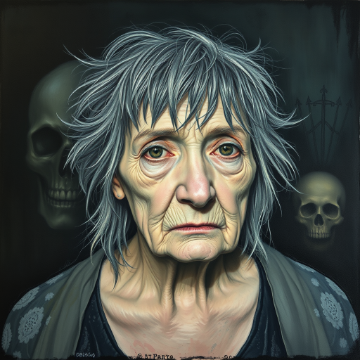 Final exit party. Dark Moody impasto dark picture edges. old woman. grey untidy hair streaked with white and pastel muted colours. include whole head and neck and shoulders. death lurks in the background.