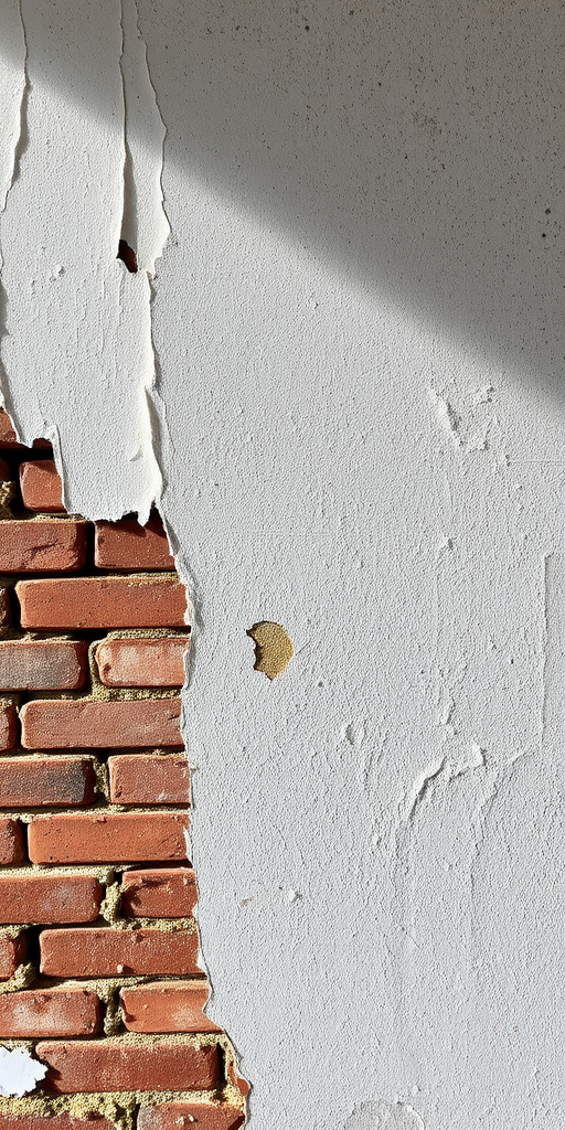 Regenerate an image of a textured wall with peeling paint and exposed bricks, captured using a DSLR camera at f/4 aperture, 50mm lens, ISO 200, in natural lighting to enhance detail and clarity, with a focus on the abstract patterns and colors.