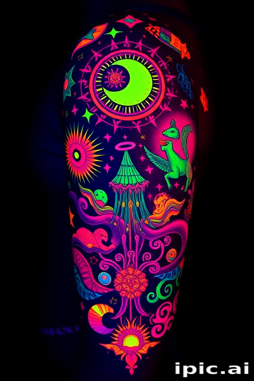 Vibrant neon UV tattoo named "Electric Dreams" featuring fluorescent ink that glows brightly under blacklight, depicting a psychedelic landscape of swirling patterns, geometric shapes, and fantastical creatures that come to life in the dark, perfect for those seeking a hidden dimension to their body art