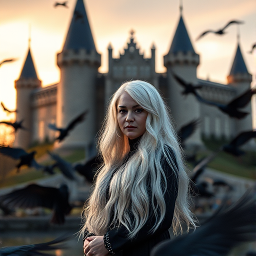 Create a portrait of a woman with long white hair standing in front of a medieval castle surrounded by crows, using a Canon EOS R5 with an 85mm f/1.2 lens, shot at ISO 100, aperture f/1.2, and a shutter speed of 1/200s in golden hour lighting to enhance the vibrant colors and sharp details.