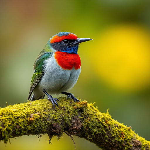 A close-up shot of a colorful bird perched on a moss-covered branch, with a shallow depth of field to create a blurred background, natural light, using a DSLR camera with a 70mm lens, aperture f/2.8, ISO 200, and shutter speed of 1/250 sec.