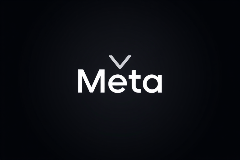 Generate a high-resolution image of a modern logo for "Meta" with a sleek, minimalist design, using a professional DSLR camera at f/2.8, ISO 100, 50mm lens, in a studio setting with soft lighting and a dark gradient background.