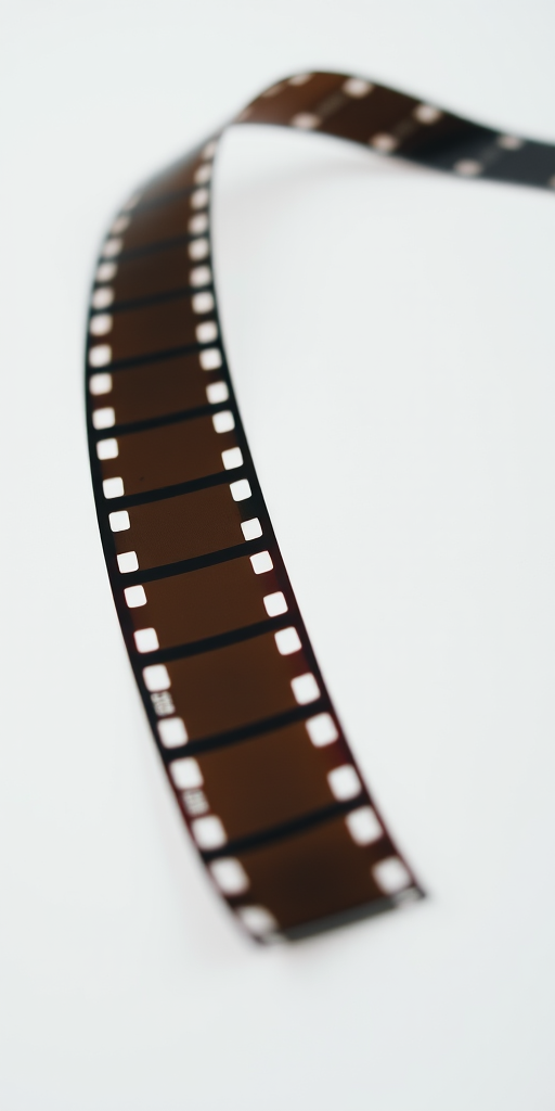 Create an image of a film strip on a white background, with a shallow depth of field, aperture f/2.8, ISO 100, shot from a low angle using a DSLR camera with a 50mm lens.