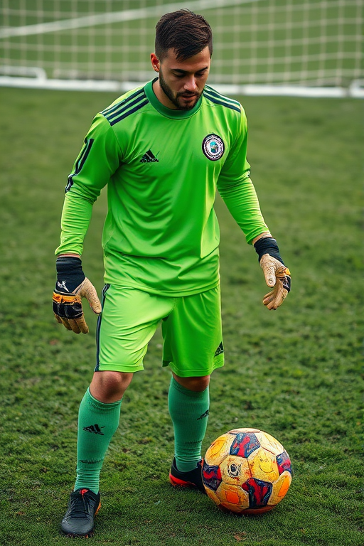 Capture a full-body shot of a soccer goalkeeper in a bright green uniform with mud stains, standing on a grassy field next to a colorful soccer ball, using a DSLR camera with a 50mm lens, aperture set to f/2.8, shutter speed of 1/500s, and ISO 200 for enhanced clarity and detail.