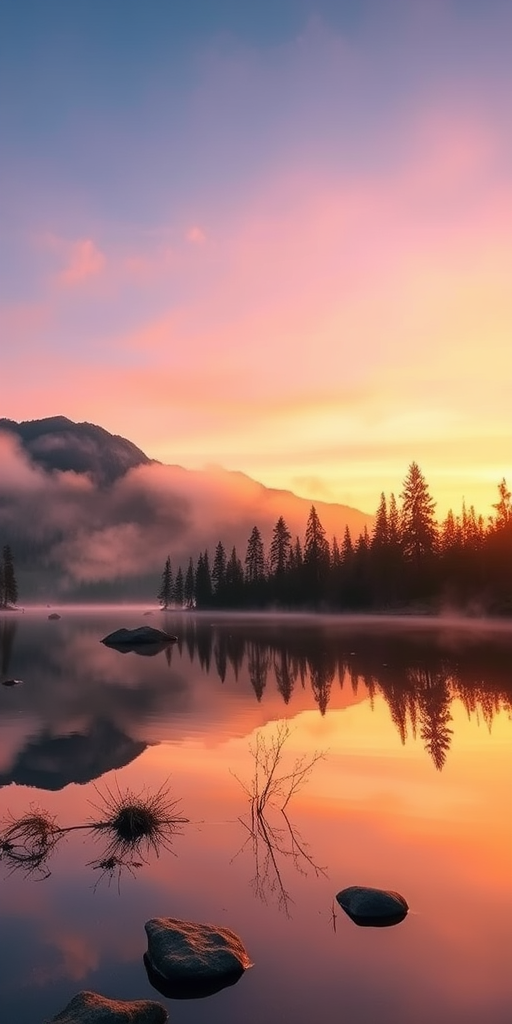 Generate a vibrant landscape image of a serene mountain lake at sunrise with mist rising from the water, using a DSLR camera with a 24mm lens, aperture f/8, ISO 100, shutter speed 1/125s, shot from a low angle perspective to emphasize the foreground reflections and surrounding trees.