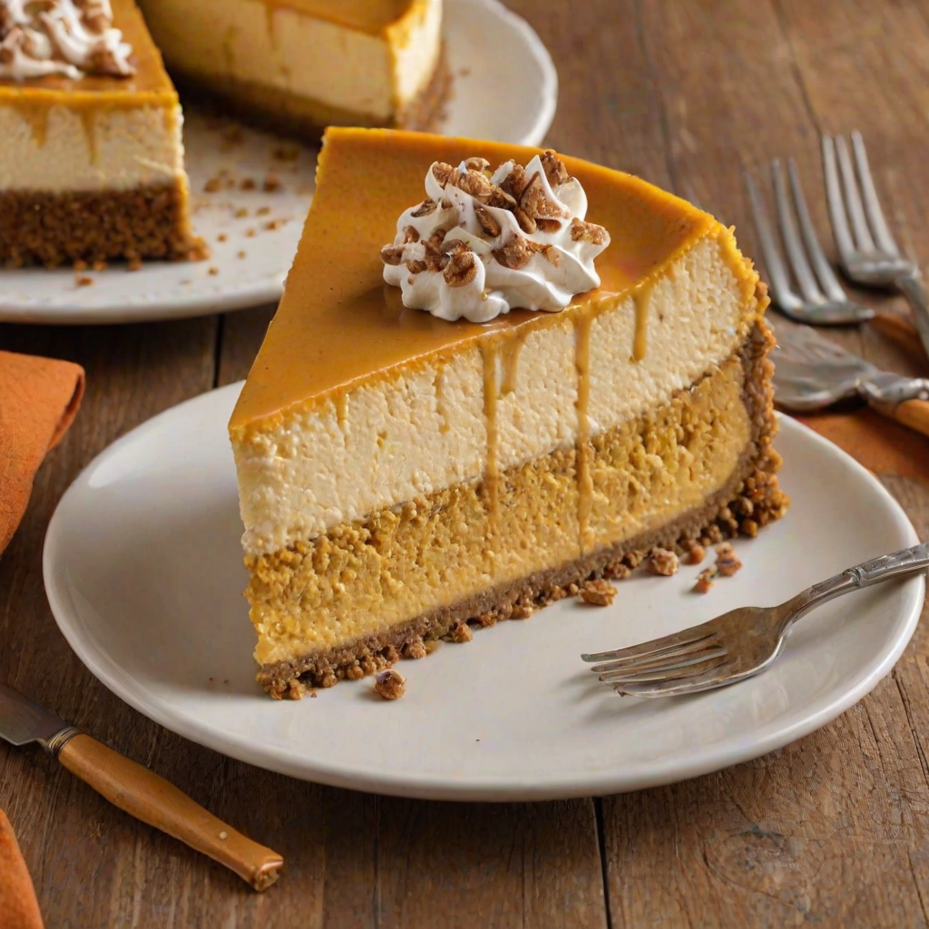 Create a delicious and visually appealing slice of layered pumpkin cheesecake. The dessert should feature distinct layers of creamy pumpkin filling and a rich crust, with a fork resting beside it. The background should be softly blurred to keep the focus on the cheesecake, enhancing its textures and colors.