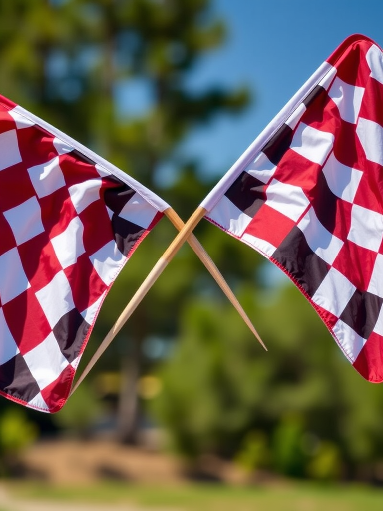 Create a high-resolution image of two crossed checkered flags, with a focus on vibrant colors and sharp details, using a DSLR camera, 50mm lens, f/1.8 aperture, ISO 100, shot in natural lighting and at eye level.