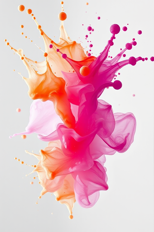 Generate a vibrant watercolor splash with rich pink, orange, and purple hues, captured with a DSLR camera, 50mm lens, f/1.8 aperture, ISO 100, and natural lighting from the side for enhanced details and depth.