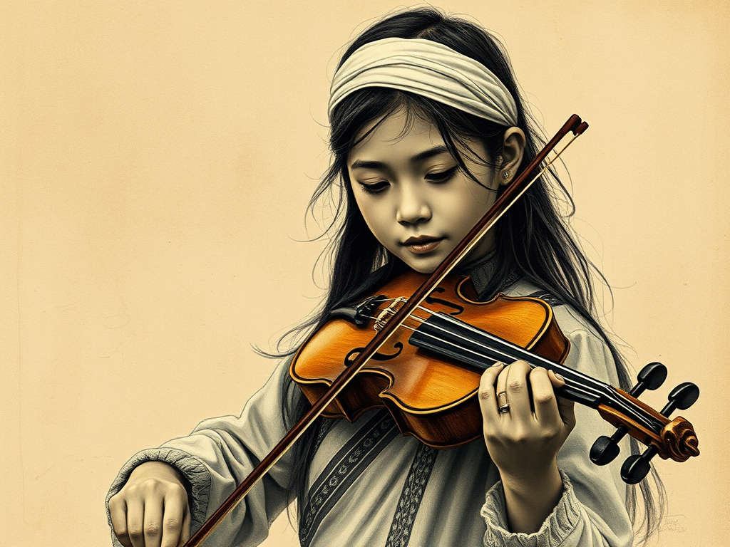 a young Bhutanese woman with a white headband playing a violin, in the style of a charcoal drawing, sepia grunge background