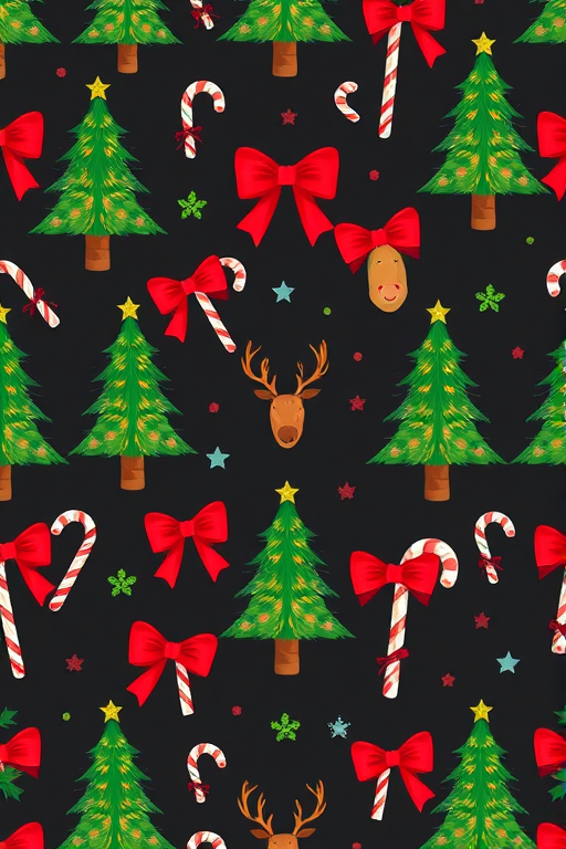Create a seamless pattern of Christmas elements including Christmas trees, red bows, reindeer heads, and candy canes on a dark background, taken with a DSLR camera at f/4 aperture, ISO 100, 50mm lens, with a macro view for vibrant colors and sharp details.