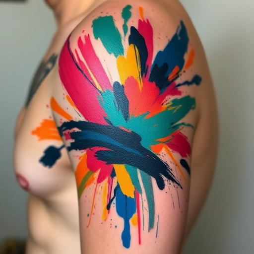 Abstract expressionist tattoo titled "Emotional Turbulence" featuring bold, gestural brushstrokes and splashes of vibrant colors that seem to dance across the skin, conveying raw emotion and energy in a non-representational style