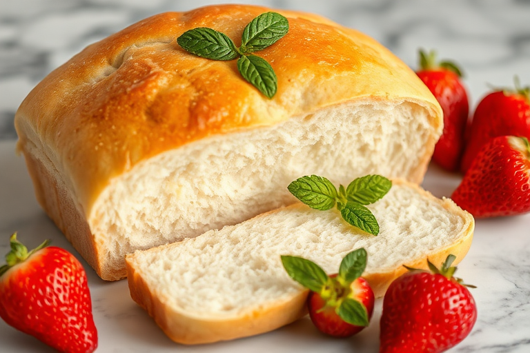 A freshly baked loaf of soft white bread sliced in half revealing a fluffy interior with a golden crust on top placed on a marble surface accompanied by fresh strawberries and mint leaves for garnish.
