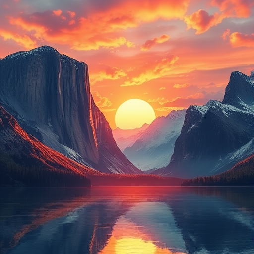 Create a vibrant digital illustration of a surreal landscape featuring towering mountains, a bright sunset sky with vivid colors, and a calm lake reflecting the scenery, with settings of 50mm lens, f/8 aperture, 1/125 shutter speed, captured from a low angle view using a DSLR camera in landscape mode for enhanced detail and depth.