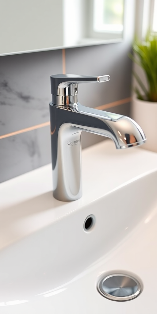 capture a close-up of a modern chrome bathroom faucet on a sleek white sink with gray tiled background, using a DSLR camera set to f/2.8 aperture, 1/100 sec shutter speed, and ISO 100 for sharp details and vibrant colors, with a soft natural light coming from a nearby window to enhance reflections and textures.