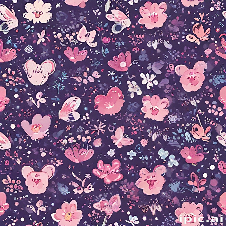 Whimsical Floral and Butterfly Pattern in Soft Pink and Purple Hues
