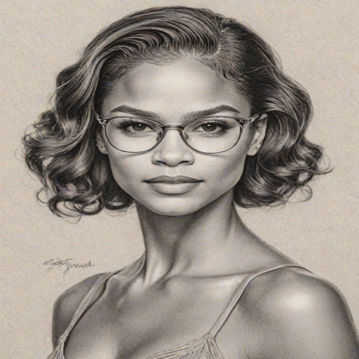 Dazzling Misty Copeland, pencil sketch, portrait of Enticing woman 1937s in glasses, hair style beatnik, outline, clear lines, fine lines, 8k