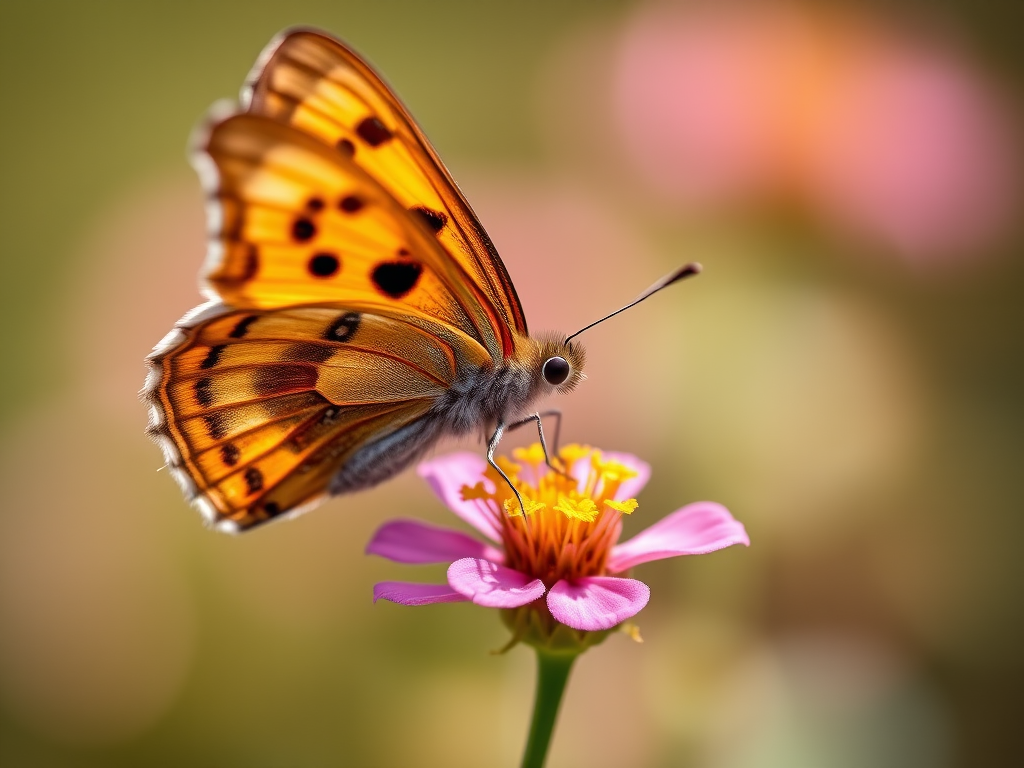 close-up of a butterfly perched on a flower with a blurred background, f/2.8 aperture, ISO 200, 1/200s shutter speed, macro lens, natural light, DSLR camera, vibrant colors and high detail