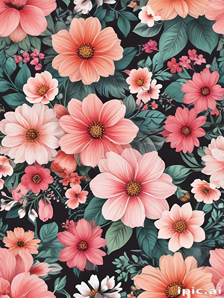 Vibrant Floral Pattern Featuring Lush Blooms and Greenery on Dark ...