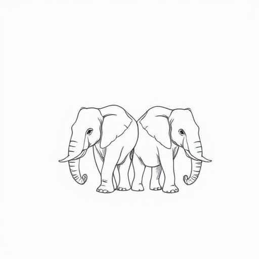 Create a minimalist line drawing of two elephants side by side on a plain white background, captured with a Canon EOS R5 at f/8, 50mm lens, ISO 100, natural light, in a soft-focus style to enhance the simplicity and elegance of the composition.