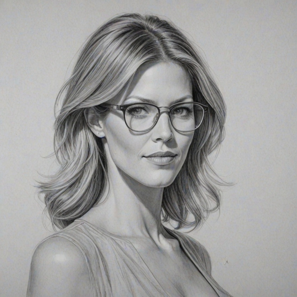 Fascinating Tricia Helfer, pencil sketch, portrait of Appealing woman 1977s in glasses, hair style beatnik, outline, clear lines, fine lines, 8k