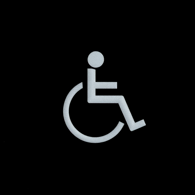Create a high-resolution image of a wheelchair symbol on a black background, using a DSLR camera with a 50mm lens, aperture f/2.8, ISO 200, shot from a frontal view, with soft diffused lighting for enhanced clarity and contrast.