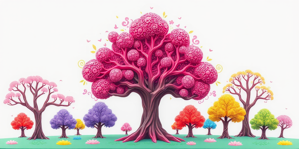 Create an illustration of stylized trees with vibrant colors and intricate designs, featuring a large pink tree in the center, several smaller trees in various colors around, with a transparent background, captured in a high-resolution digital format, using a macro lens, f/2.8 aperture, ISO 200, and a light soft focus for enhanced detail.