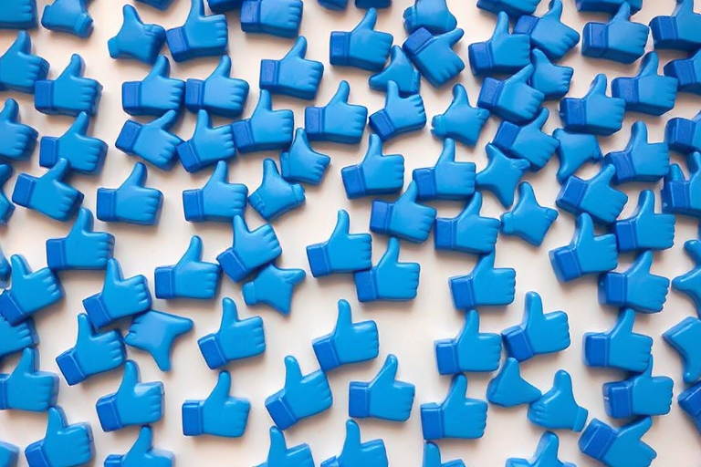 Create a high-resolution image of a multitude of blue thumbs-up icons scattered across a surface, captured with a DSLR camera using a 50mm lens, f/2.8 aperture, ISO 100, and a top-down view to enhance depth and detail.